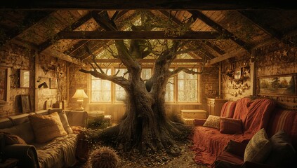 Piercing tree trunk growing through floor into cabin living room, with sofas blankets lamp leaves