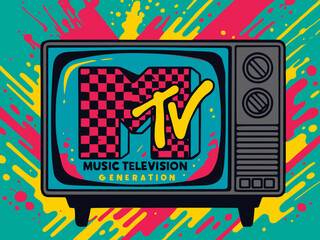 "MTV logo style TV and checkerboard pattern, grunge pop vector"generative ai	
