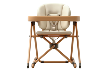 Modern baby high chair with wooden frame and cream seat offers safety and comfort for feeding time on transparent background
