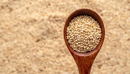 Close-up of a wooden spoon filled with quinoa seeds, set against a blurred background of more quinoa, highlighting its natural texture and healthy appeal.