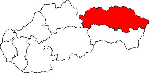 Detailed vector map of Slovakia highlighting Prešovský kraj, an Eastern Slovakia territory centered on Prešov, known for its rich history, diverse landscapes, and cultural heritage.