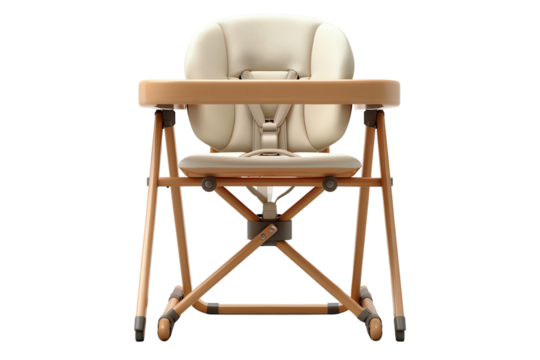 Modern baby high chair with wooden frame and cream seat offers safety and comfort for feeding time on transparent background
