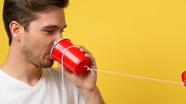 A man smiles while using a red cup connected by string to another, on a bright yellow backdrop. This forms a communication method