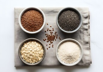 Top-Down Flat Lay of Prebiotic Fiber Superfoods for Gut Health: Oats, Chia, Flax, and Psyllium Husk in Bowls