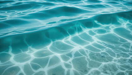 Obraz premium Clear turquoise ocean water with sunlight reflections on surface and sand below, peaceful seascape texture showing natural beauty, freshness, and tranquil summer atmosphere 