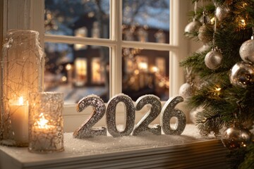 Glittering silver 2026 numbers sit on a snowy windowsill beside glowing candles and Christmas tree ornaments, creating a warm festive atmosphere in selective focus