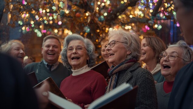 Singing senior choir holding songbooks looking at conductor in garden at night with glowing lights