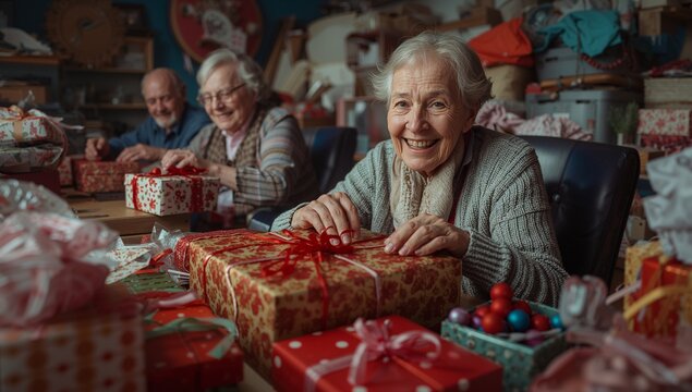 Smiling senior woman wearing gray sweater placing hands on gift at craft workshop table, copy space