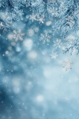 Snowy blue background with delicate snowflakes softly falling, creating a calm winter atmosphere in selective focus