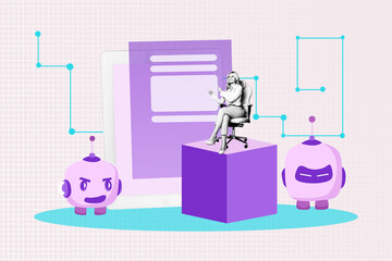 Trend artwork template design 3d collage sketch of happy old woman sit chair cyberspace graph development artificial intelligence