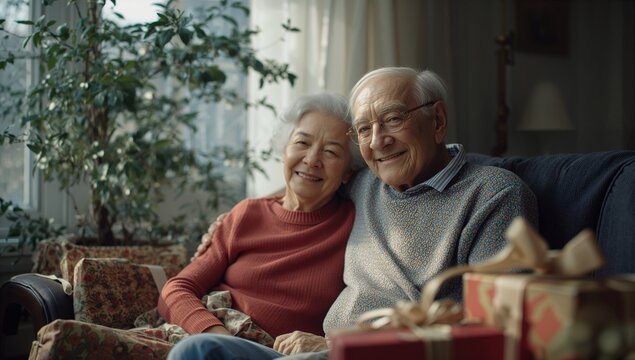 Smiling senior couple wearing sweaters sitting on cozy living room couch, with gift boxes on table - Powered by Adobe