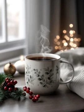 Cozy coffee cup with warm steam and holiday themed design