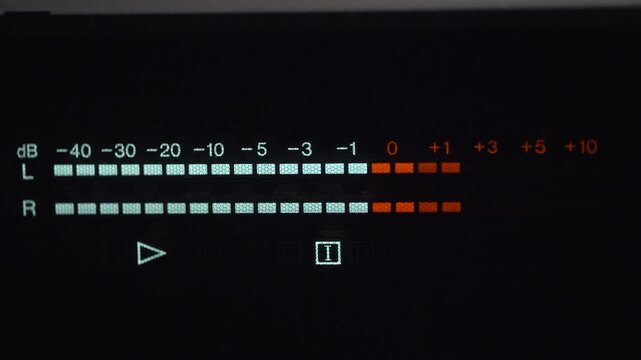 Digital audio level meter and time counter display in red and green colours