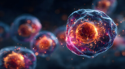 Abstract visualization of glowing futuristic tumor cells undergoing scientific analysis with precise lighting and bokeh effects