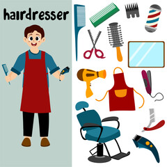Hairdressing salon illustration concept set icon. Clients in hairdresser salon. Hair Stylist working cut people, barbershop haircut service saloon, illustration