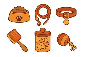 Essential pet care supplies collection including food bowl leash collar brush treats and toy