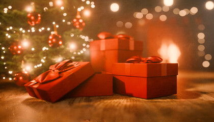 Idyllic Christmas eve scene with christmas gifts under fir tree in cozy interior with fireplace....