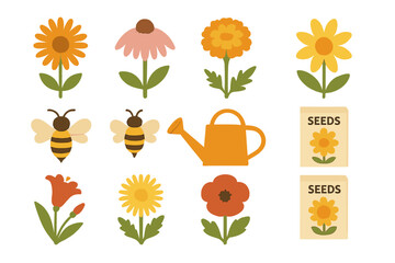 Fototapeta premium Colorful spring and summer garden elements featuring flowers, honey bees, and gardening tools