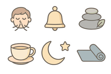 Wellness and relaxation symbols including breathing, meditation stones, yoga mat, and hot drink