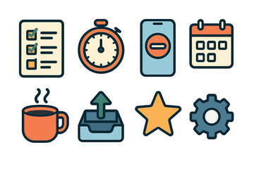 Essential business and productivity icons set with checklist, stopwatch, calendar, and settings gear symbols