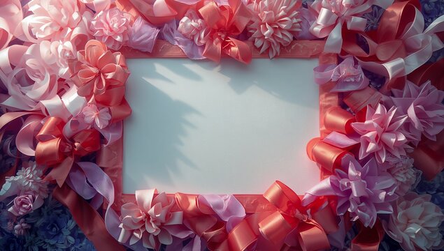 Satin ribbons and floral bows surrounding blank white rectangular card on tabletop, festive styling - Powered by Adobe