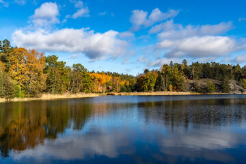 Amazing view of a sunlit autumn forest with bright yellow, orange, and golden trees reflecting on the calm lake surface. Blue sky with fluffy white clouds above the colorful foliage creates a serene