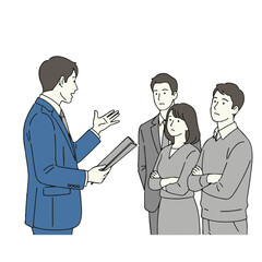 Simple Full-Body Illustration of Three Office Workers Receiving an Explanation from a Male Consultant