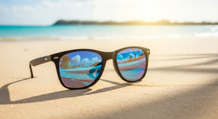 Sunglasses reflecting beach scene on sand under bright sunlight day