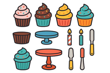 Colorful set of dessert elements including cupcakes, cake stands and serving utensils