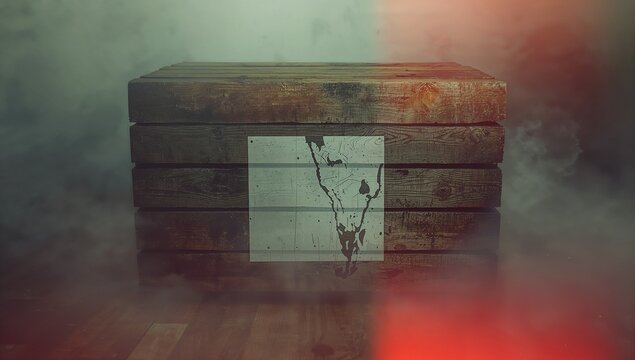 Showcasing weathered wooden crate on studio floor, with paper sign showing abstract map silhouette - Powered by Adobe