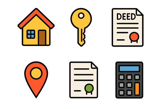 Real estate transaction icons set including house key deed location pin and calculator