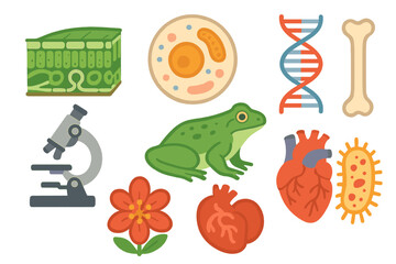 Biology and science elements set including DNA, cells, organs, frog, and microscope