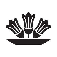 Stylized black silhouette of three blooming flowers on a plate