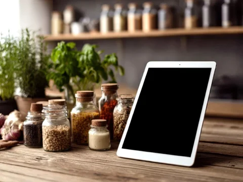 Tablet mockup leaning against kitchen ingredients on table