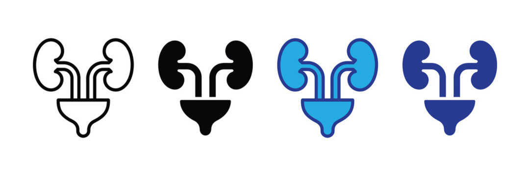 Urinary system icon set showing kidneys, ureters, and bladder in outline, solid black, blue, and dark blue isolated on white background