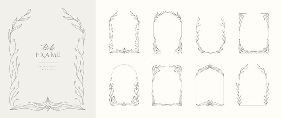 Retro floral frame or cover. Botanic design elements in wavy and naive style. Boho leaves branches and blooming print for poster, social media and packaging or greeting card