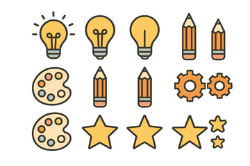 Creative process and rating symbols featuring light bulbs, pencils, palettes, gears, and stars