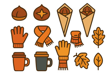 Warm autumn and winter essentials including gloves, scarves, hot drinks, and roasted chestnuts