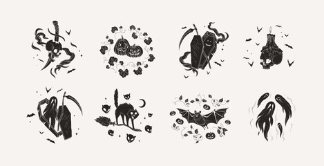 Happy Halloween hand drawn doodle or stickers composition. Spooky elements pumpkins with leaf, skull with sword and candle, creepy ghosts and cute cat with broom