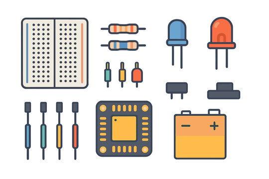 Essential electronic components kit including breadboard resistors and LEDs for circuit building