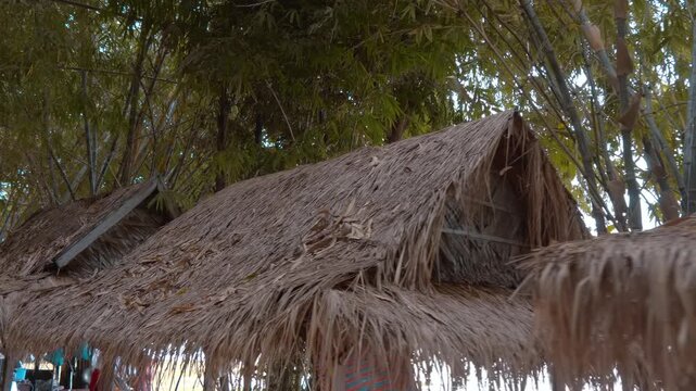 Thatched huts with straw roofs stand under massive bamboo thickets on the bank of the West Baray water reservoir in Siem Reap, Cambodia. Shot in motion