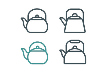 Set of four outline drawings of traditional stovetop kettles for boiling water