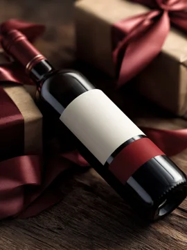 Christmas themed wine bottle mockup with decorative ribbon