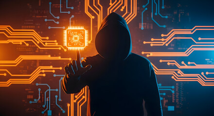 Silhouette of hacker with circuit board background in dark setting