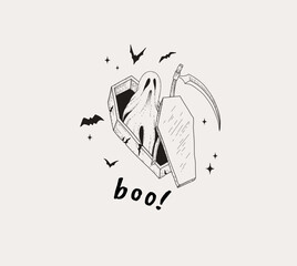 Happy Halloween illustration ghost with scythe in coffin. Hand drawn doodle or sticker composition