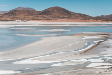 laguna y salar de talar in atacama desert, chile, with volcanos cordillera around and salt in the foreground
