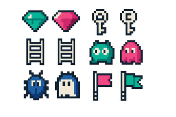 Colorful retro pixelated game assets featuring gems, keys, ladders, flags, and enemy sprites