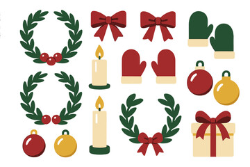 Festive Christmas and winter holiday elements collection with wreaths, bows, candles, and mittens
