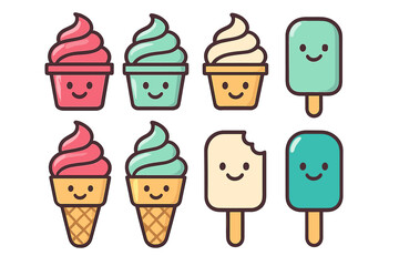 Cute smiling ice cream cones sundaes and popsicles in bright pastel colors