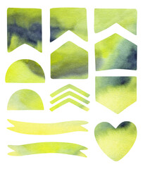 Collection of hand-painted watercolor shapes in green and yellow tones. Abstract banners, badges, ribbons, and heart shapes with natural paper texture.